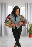 african american woman wearing a puffy sleeves jean jacket two hands on hip